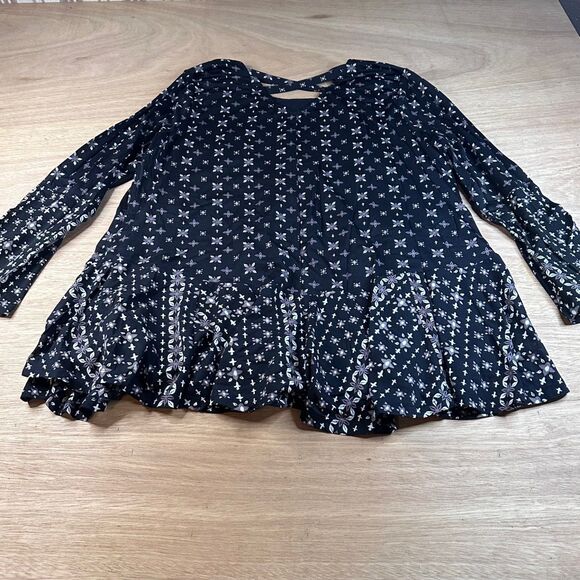 Style & Co Woman 1X Black Floral Boho Tunic Top Long Sleeve Back Keyhole - Picture 2 of 4